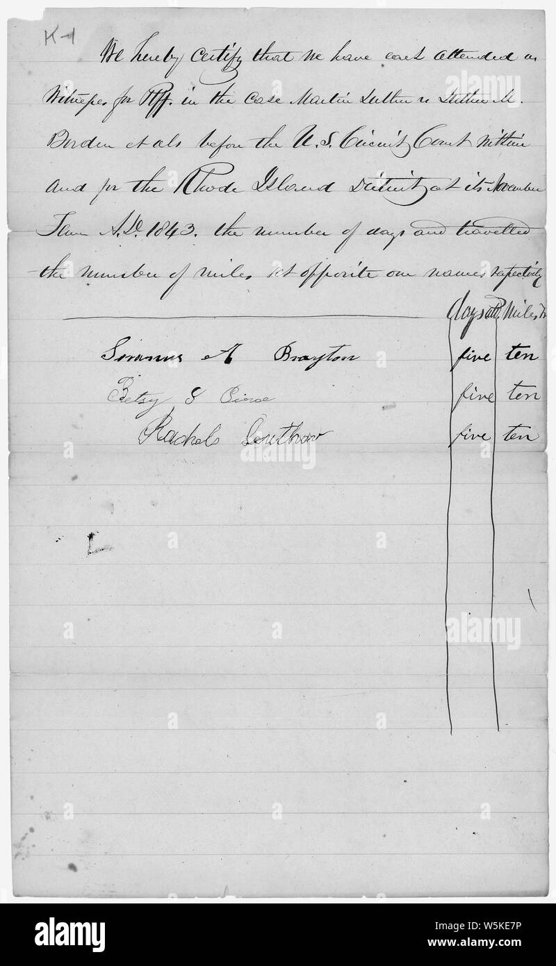 Attestazione di presenza di testimoni per ricorrenti nel caso di Martin Lutero v. Lutero Borden, et. al., campo di applicazione e il contenuto: il presente documento dal file per il caso di Martin Lutero v. Lutero Borden. Questa è una tuta per infedeltà contro un gruppo di Rhode Island membro milizie che agiscono sotto la legge marziale, scoppiò in Martin Lutero di casa nel cuore della notte, cercato i locali, e minacciati i suoi abitanti. Lutero ha affermato che la legislazione che istituisce la legge marziale è nullo perché la carta di governo che proclamò la legge marziale non è stato il governo legale del Rhode Foto Stock