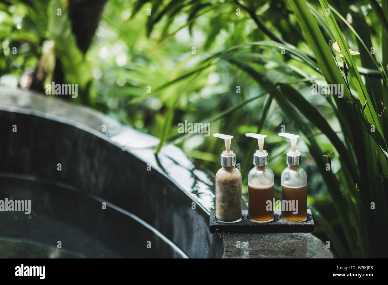 Bottiglie differenti per il trattamento termale sul bordo della vasca da bagno in pietra con natura tropicale sfondo. Concetto di benessere. Foto Stock