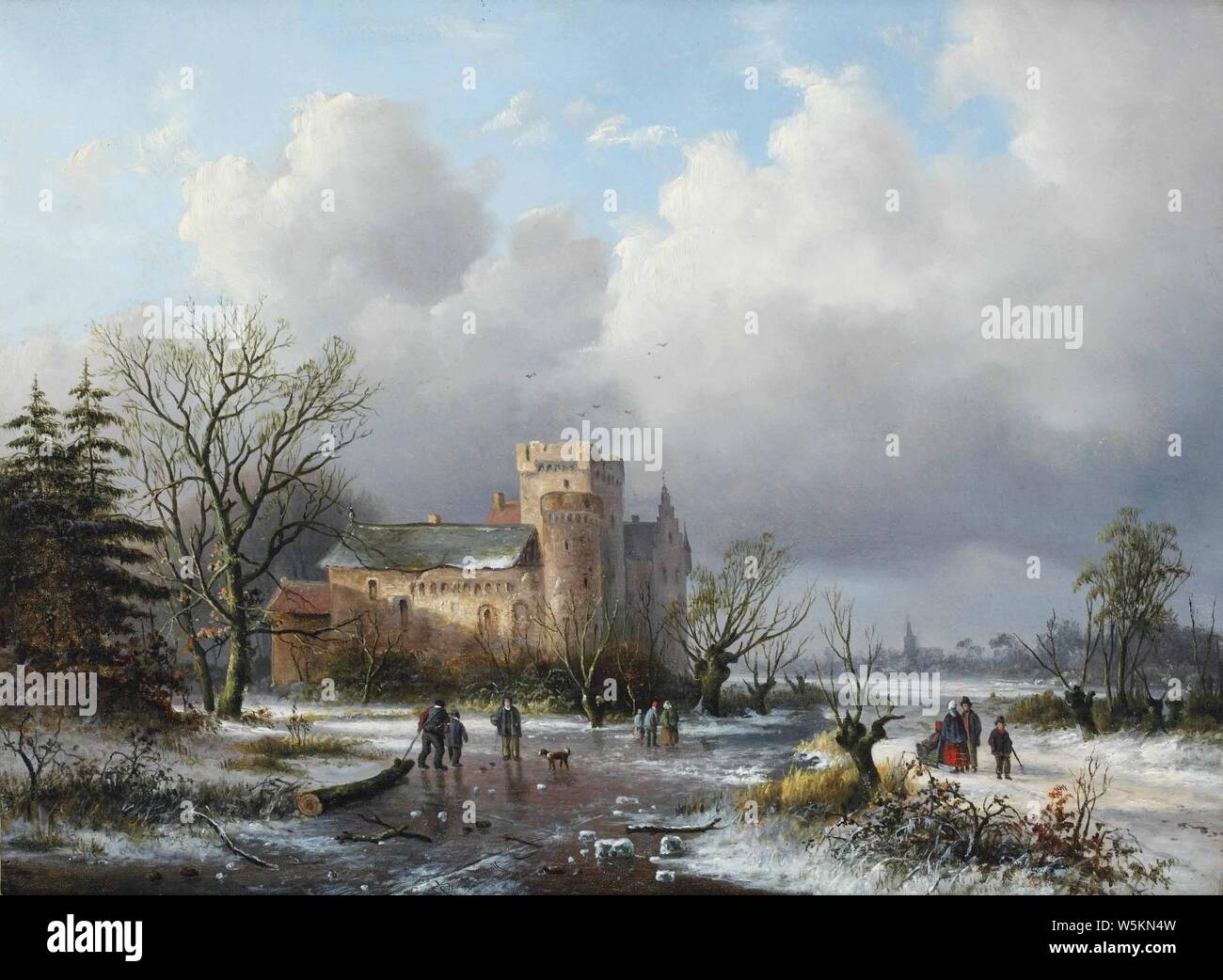 Alexander Joseph Daiwaille - Un inverno Paesaggio con figure sul ghiaccio nei pressi di un castello. Foto Stock