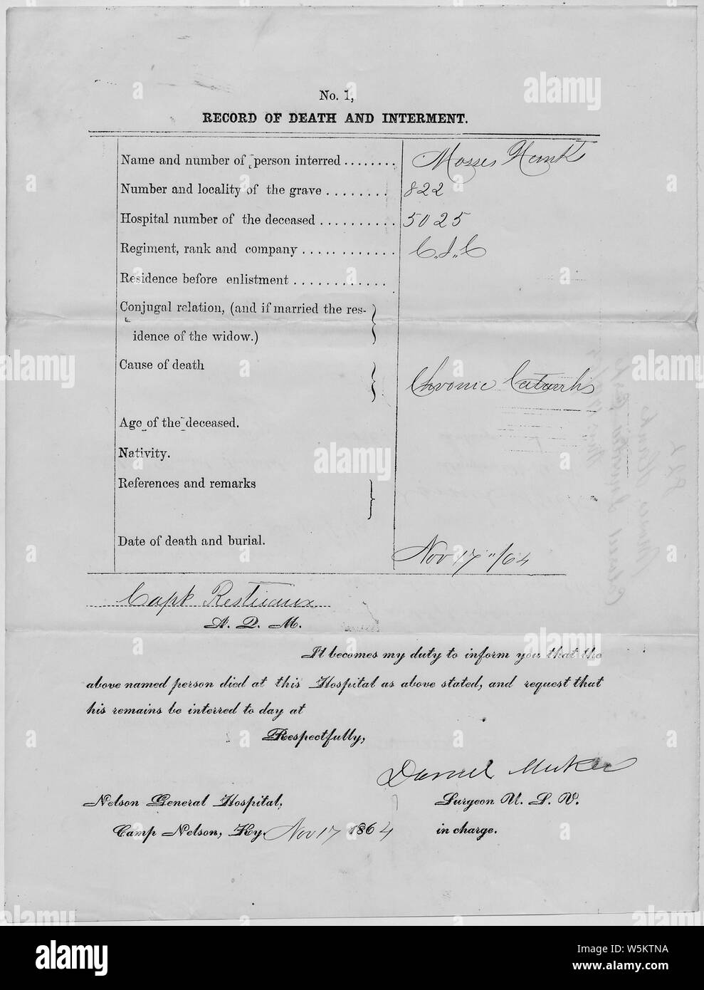 Morte e inumazione Record per Mosè matasse; Portata e contenuto: Classifica: Private Branch: Stati Uniti colorato (truppe regolari) piena Denominazione Gruppo: Stati Uniti colorato (truppe regolari) Morte Data: 11/17/1864 Grave numero: 0822 Note Generali: nota che solo una porzione di questo documento è stato digitalizzato e reso disponibile on line. Foto Stock