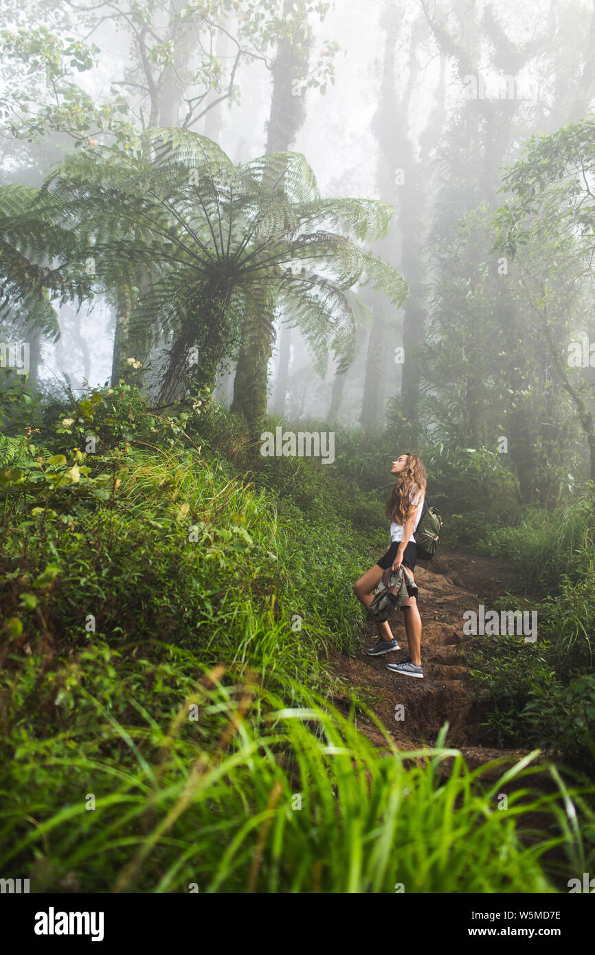 Donna che cammina nella mistica nebbia tropicale foresta pluviale. Piante enormi e giurassico atmosfera Foto Stock