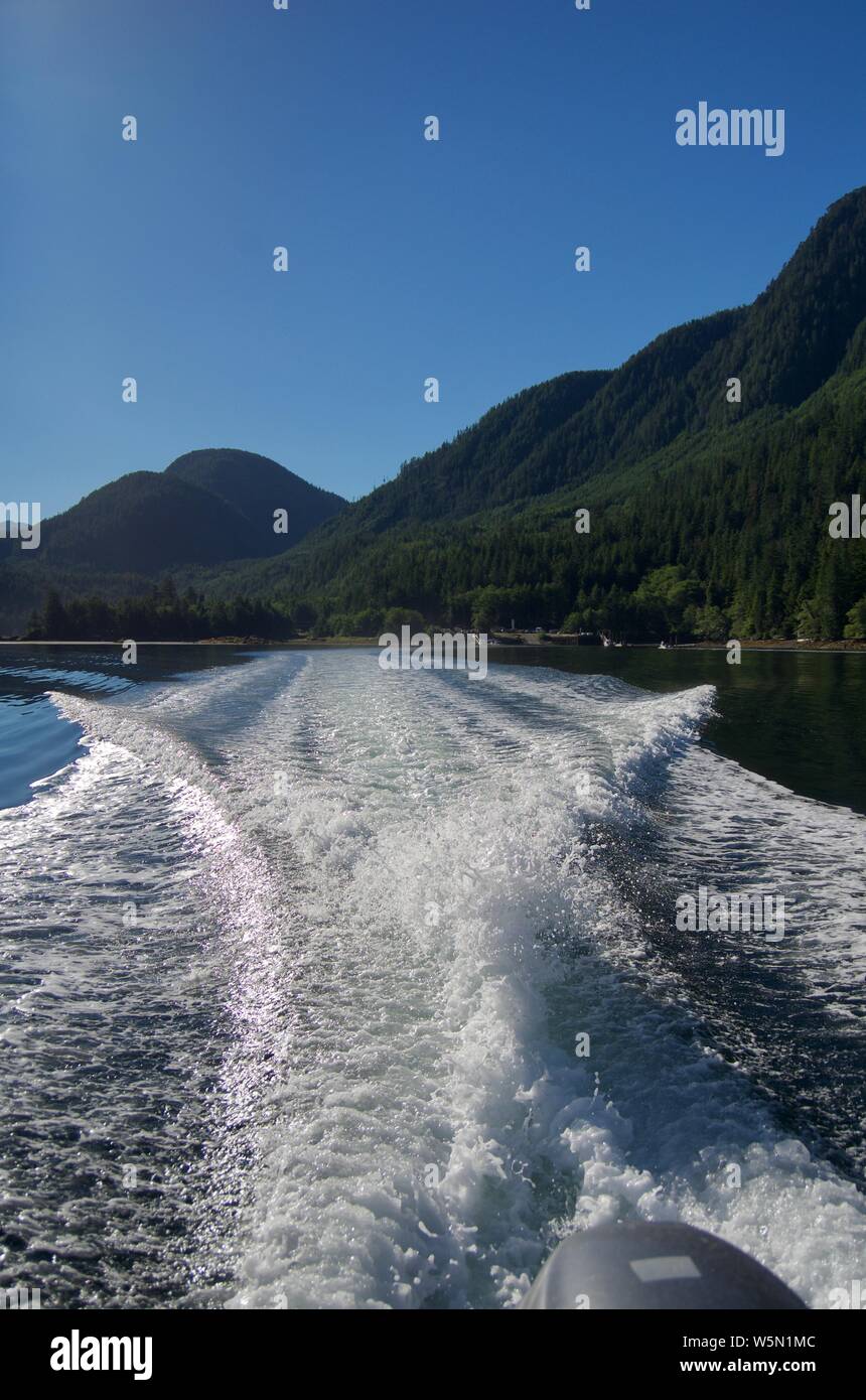 Il taxi acqueo lascia una scia di schiuma come si lascia il porto di fiera prendendo un gruppo di avventurieri alla loro destinazione sulla costa occidentale dell'isola di Vancouver Foto Stock