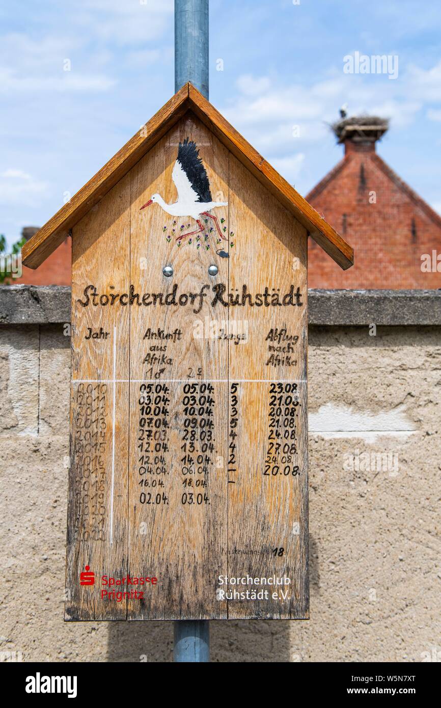 Segni con le scorte di cicogna bianca (Ciconia ciconia) nel villaggio Ruhstadt, Europeo stork village, Prignitz, Brandeburgo, Germania Foto Stock