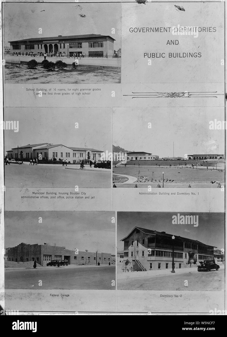 Governo dormitori e edifici pubblici - (1) edificio scolastico; (2) edificio comunale; (3) Governo amministrazione edificio e dormitorio n. 1; (4) garage federale; (5) dormitorio n. 2; la portata e il contenuto: fotografia dal volume due di una serie di album di foto per documentare la costruzione della Diga di Hoover, Boulder City, Nevada. Note generali: questa è una raccolta di 5 fotografie di edifici in città di Boulder, Nevada. Foto Stock