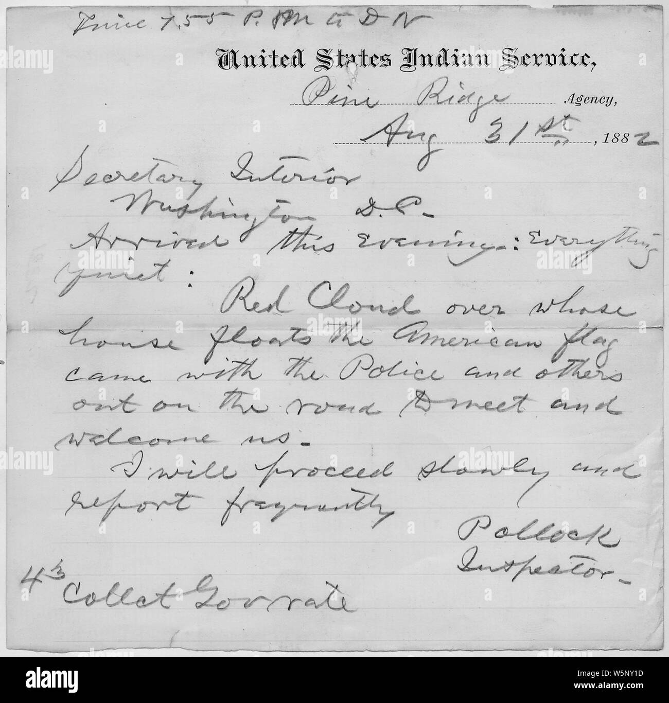 Ispettore Pollock a Segretario di interno; la portata e il contenuto: è questo documento riguarda: Pollock Ispezione di agenzia. Agosto 31, 1882 a ottobre 4, 1882. Foto Stock