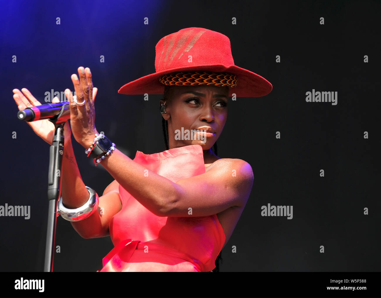 Lulworth, UK. 28 Luglio, 2019. Skye Edwards (Shirley Klaris Yonavieve Edwards), femmina cantante dal British elettronico Morcheeba band suonare dal vivo sul palco di famiglia del Regno Unito musica e arts festival Camp Bestival in Lulworth, Dorset. Credito: SOPA Immagini limitata/Alamy Live News Foto Stock