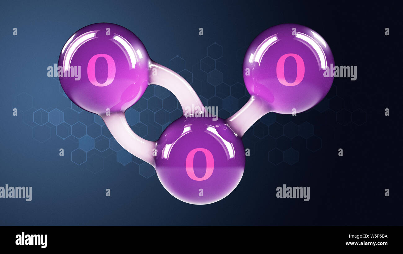 O3 ozono 3d molecola isolata su sfondo astratto. Foto Stock
