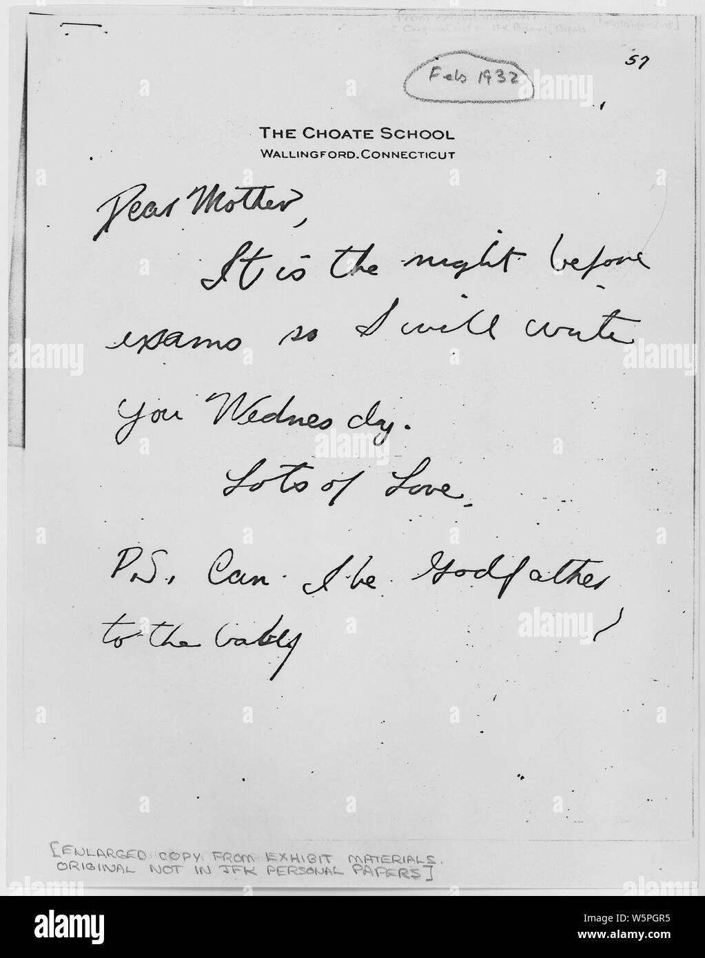 John F. Kennedy padrino lettera; Portata e contenuto: Lettera da John F. Kennedy a sua madre in cui egli chiede di essere padrino al nuovo baby (Edward M. Kennedy). Foto Stock