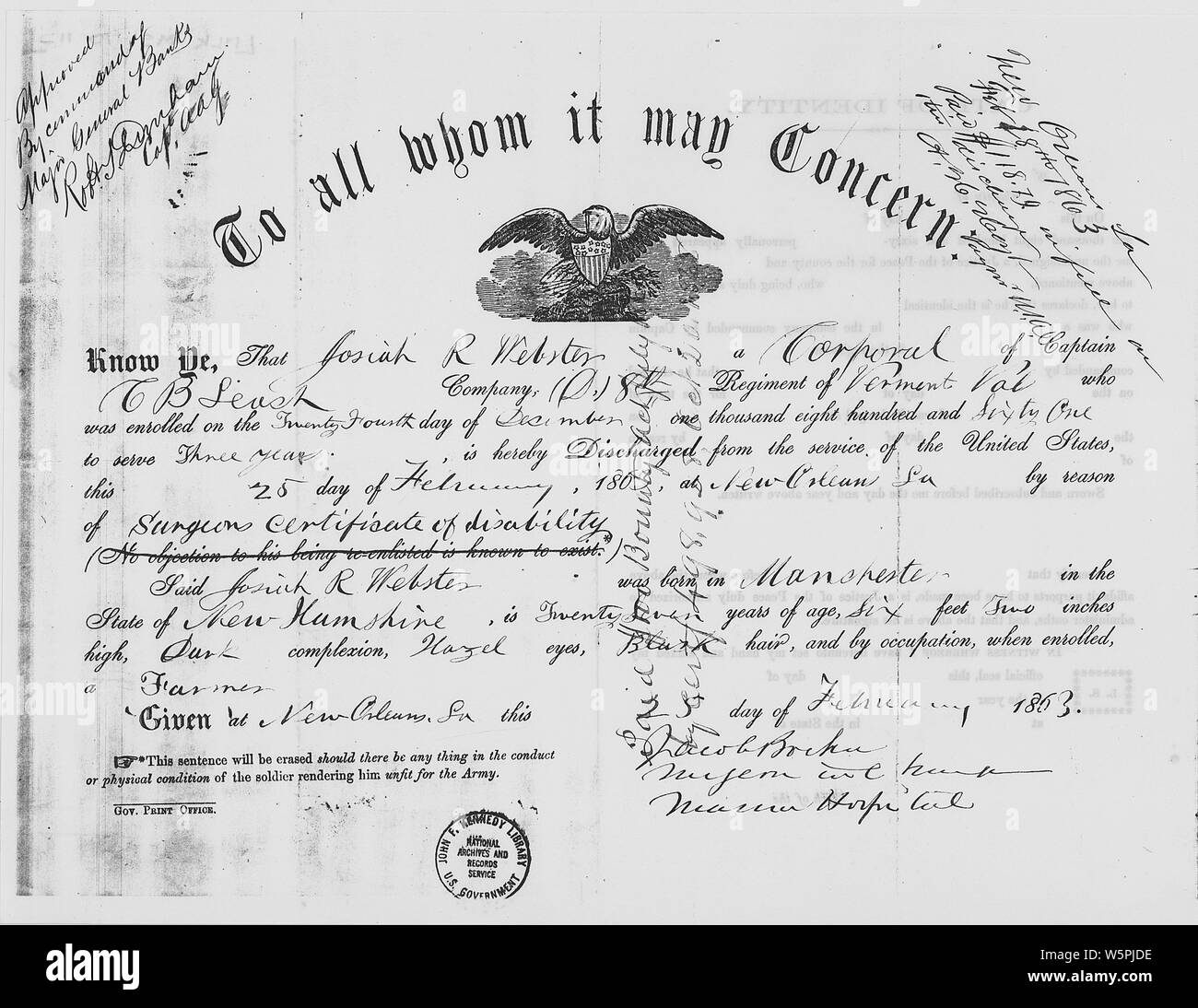 Giosia Webster Guerra Civile Certificato di scarico Febbraio, 1863; Portata e contenuto: Certificato per Giosia Webster lo scarico dal servizio militare durante la Guerra Civile. Foto Stock