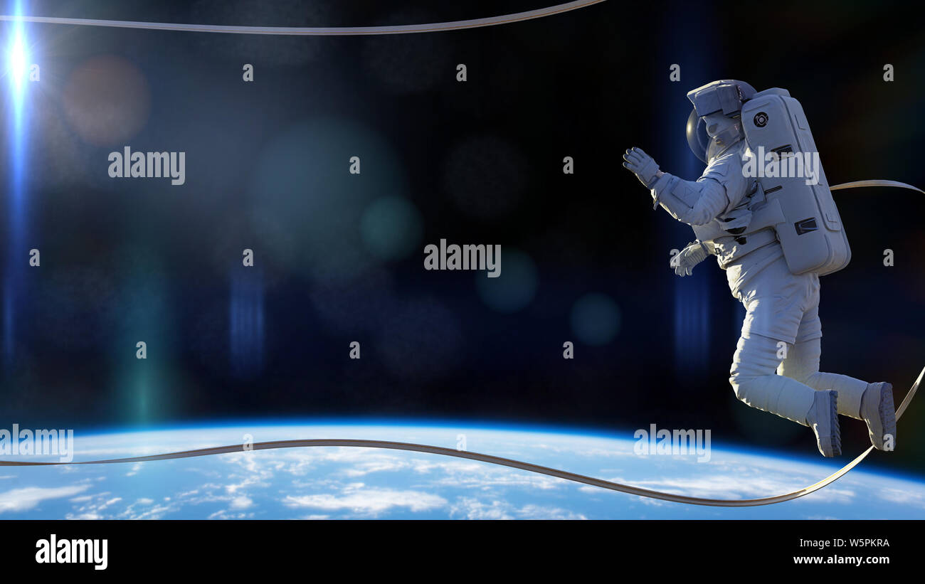 Astronauta con attacco di sicurezza eseguendo una spacewalk nello spazio vuoto Foto Stock