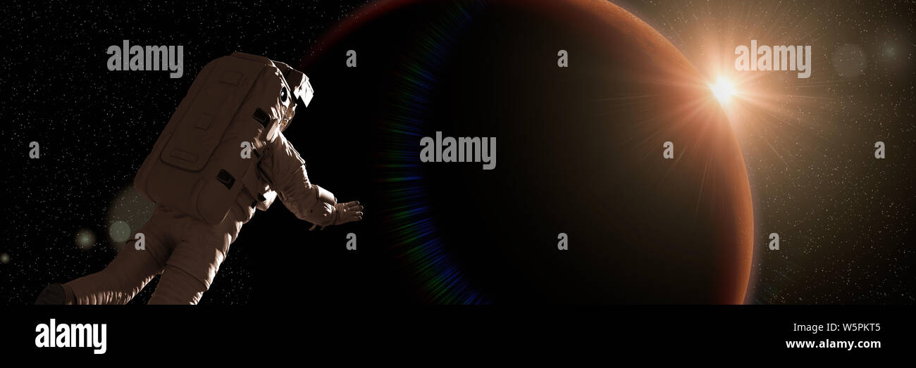 Astronauta guardando il sorgere del sole durante una passeggiata spaziale in orbita del pianeta Marte (3d la scienza illustrazione banner) Foto Stock