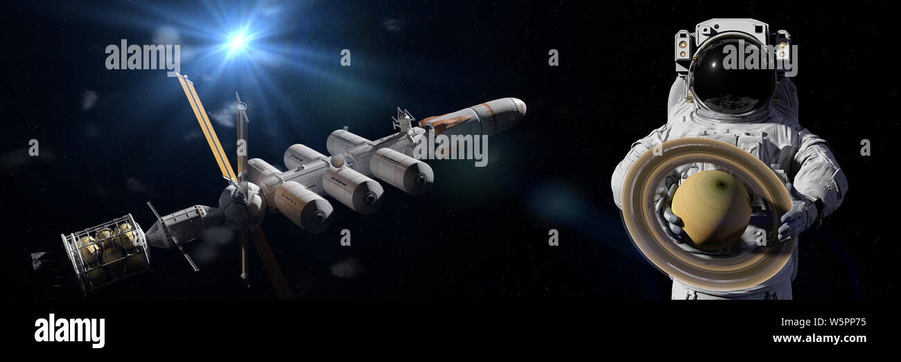 Astronauta holding pianeta Saturno (3d la scienza illustrazione banner, elementi di questa immagine sono arredate dalla NASA) Foto Stock