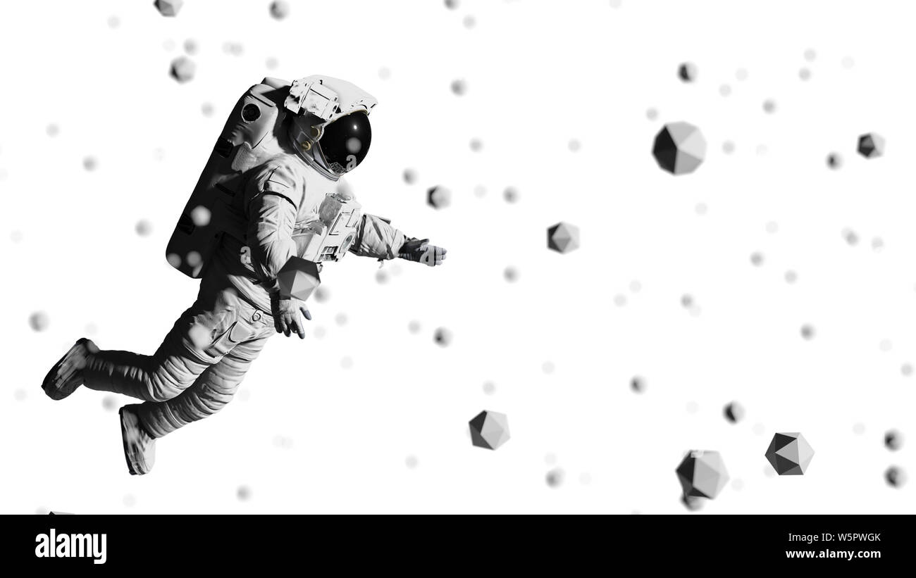 Astronauta battenti tra oggetti geometrici Foto Stock