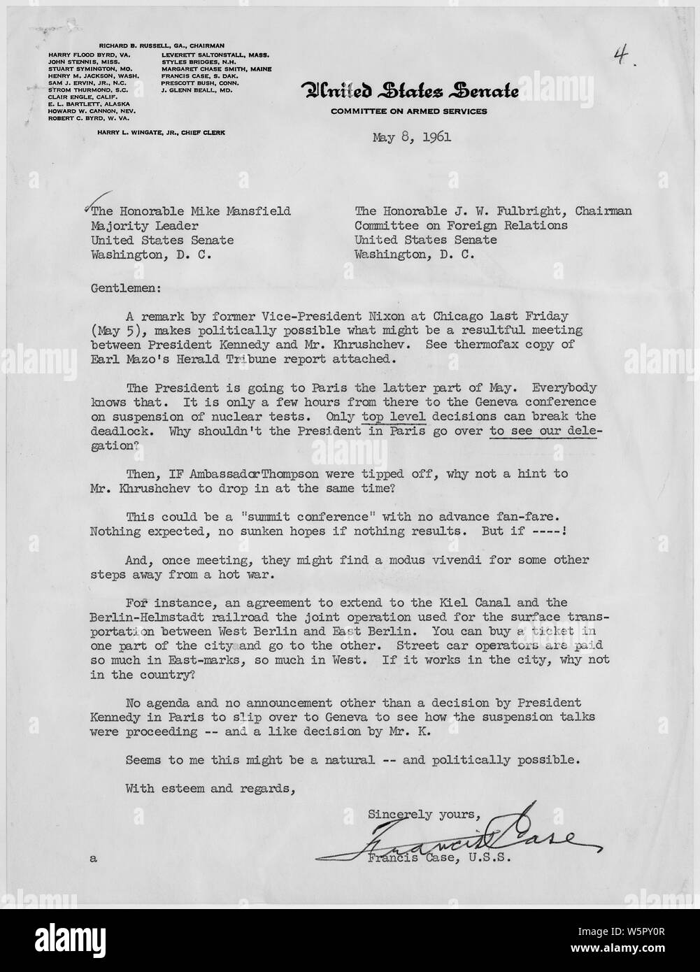 Lettera per Mike Mansfield e J. William Fulbright Maggio 8, 1961; Portata e contenuto: Lettera per il leader della maggioranza del Senato Michael Mansfield e J. William Fulbright, presidente della commissione per le relazioni estere dell incontro tra il presidente Kennedy e Presidente Khrushchev. Foto Stock