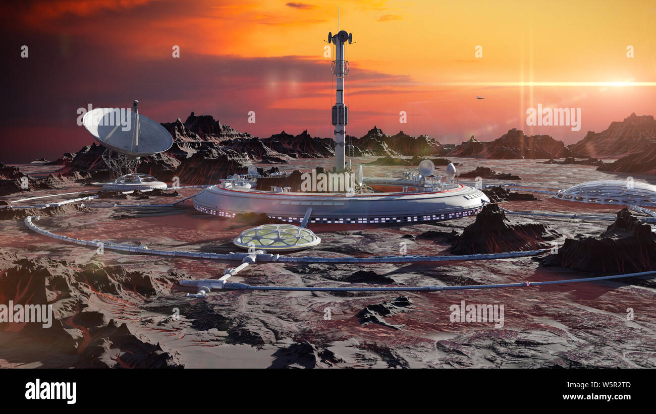 Stazione sulla superficie di Marte, prima colonia marziana nel deserto paesaggio sul pianeta rosso (spazio 3D render) Foto Stock