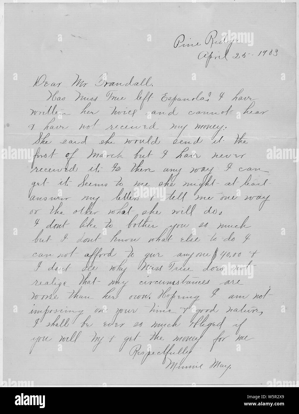 Lettera al soprintendente dal Minnie maggio, Pine Ridge Agency, chiede denaro.; Portata e contenuto: Lettera a Supt. Crandall da Minnie maggio, Pine Ridge Agency, con la richiesta di denaro che lei ha detto Clara vero promesso di lei. Ella afferma di aver scritto al Miss vero due volte, ma non ha mai ricevuto una risposta. Foto Stock