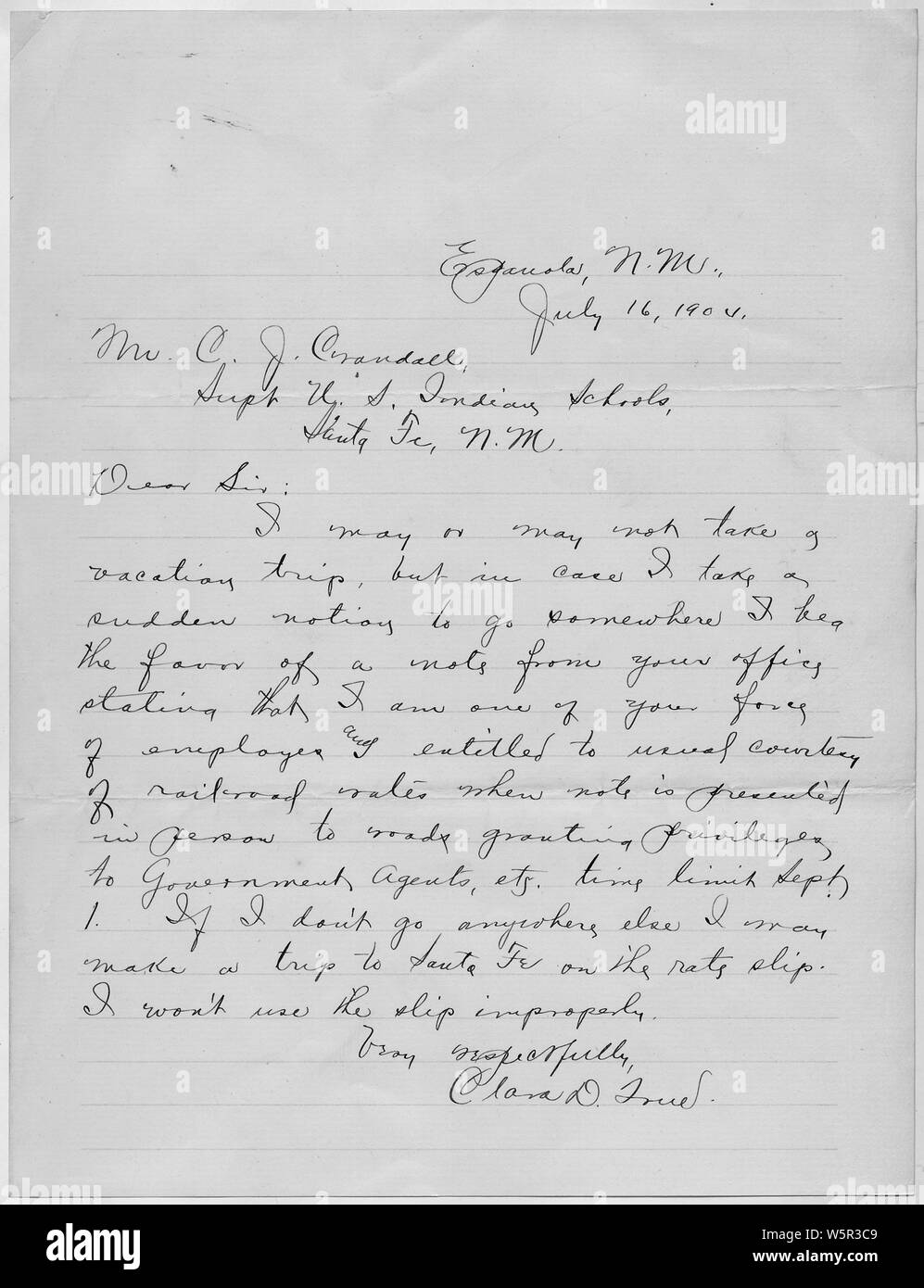 Lettera al provveditore chiedendo una ferrovia di velocità per un dipendente del governo.; Portata e contenuto: Lettera a Supt. Crandall da Miss vero chiedendo una nota indicante lei è un dipendente del governo in modo che lei potesse ottenere una speciale tariffa ferroviaria per i dipendenti del governo. Foto Stock