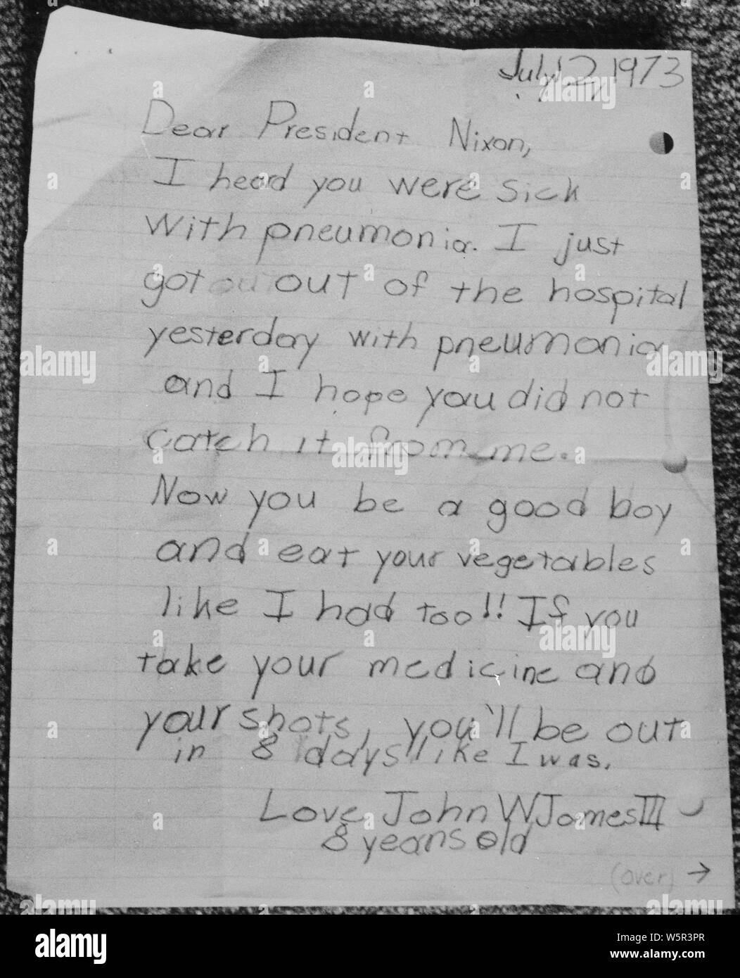 Lettera al Presidente da John W. Giacomo III, un otto anni che il bambino, anche recentemente ricoverato in ospedale per polmonite virale; Portata e contenuto: Oggetto: La malattia - il presidente. Foto Stock