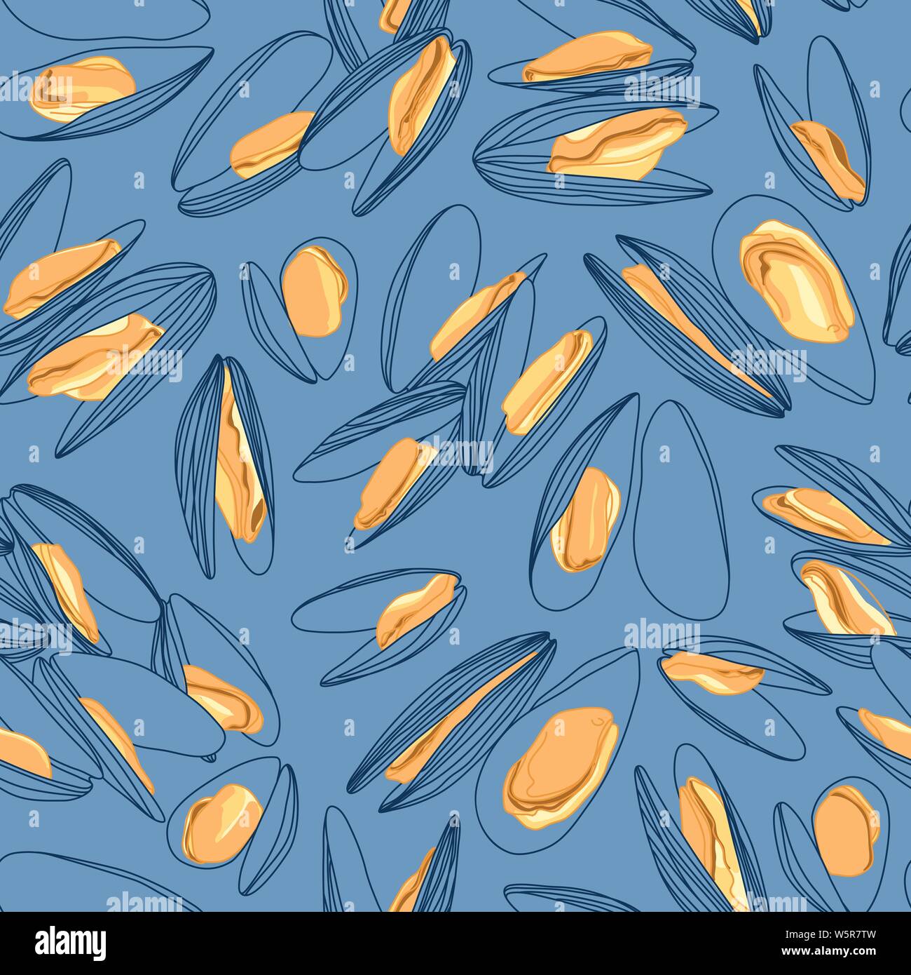 Disegnato a mano le cozze arancione in gusci schizzo Disegno della linea Seamless Pattern sul blu. Ristorante Gourmand Design Illustrazione Vettoriale