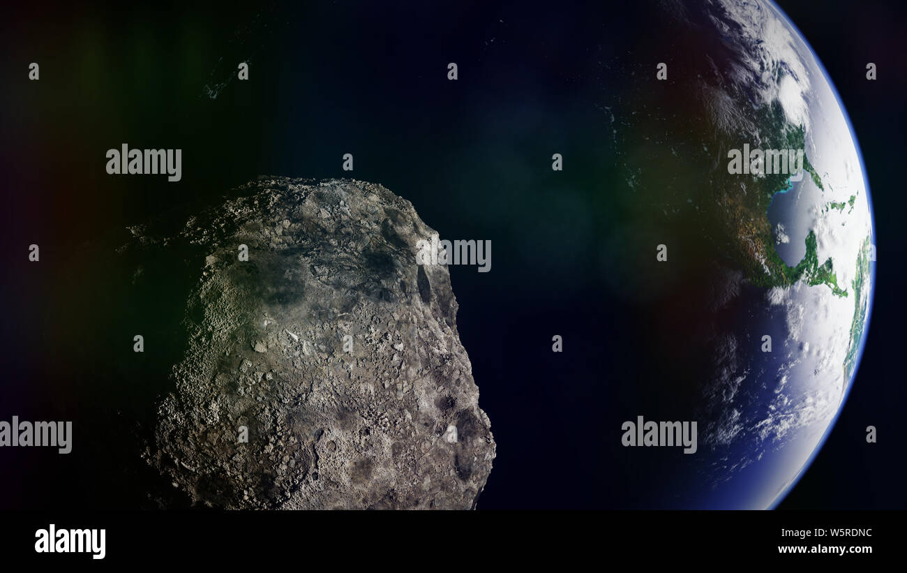 Asteroide avvicinando il pianeta Terra, meteorite in orbita prima di impatto Foto Stock
