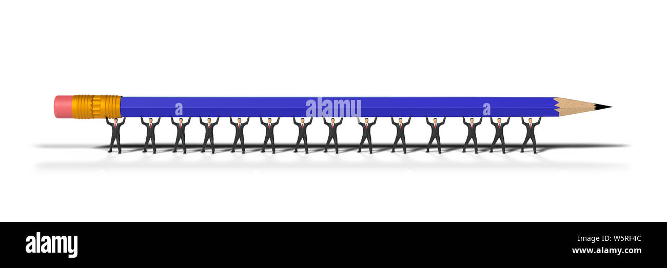 Molti giocattoli imprenditore in miniatura figura il sollevamento di una matita blu, concetto isolato su sfondo bianco banner Foto Stock