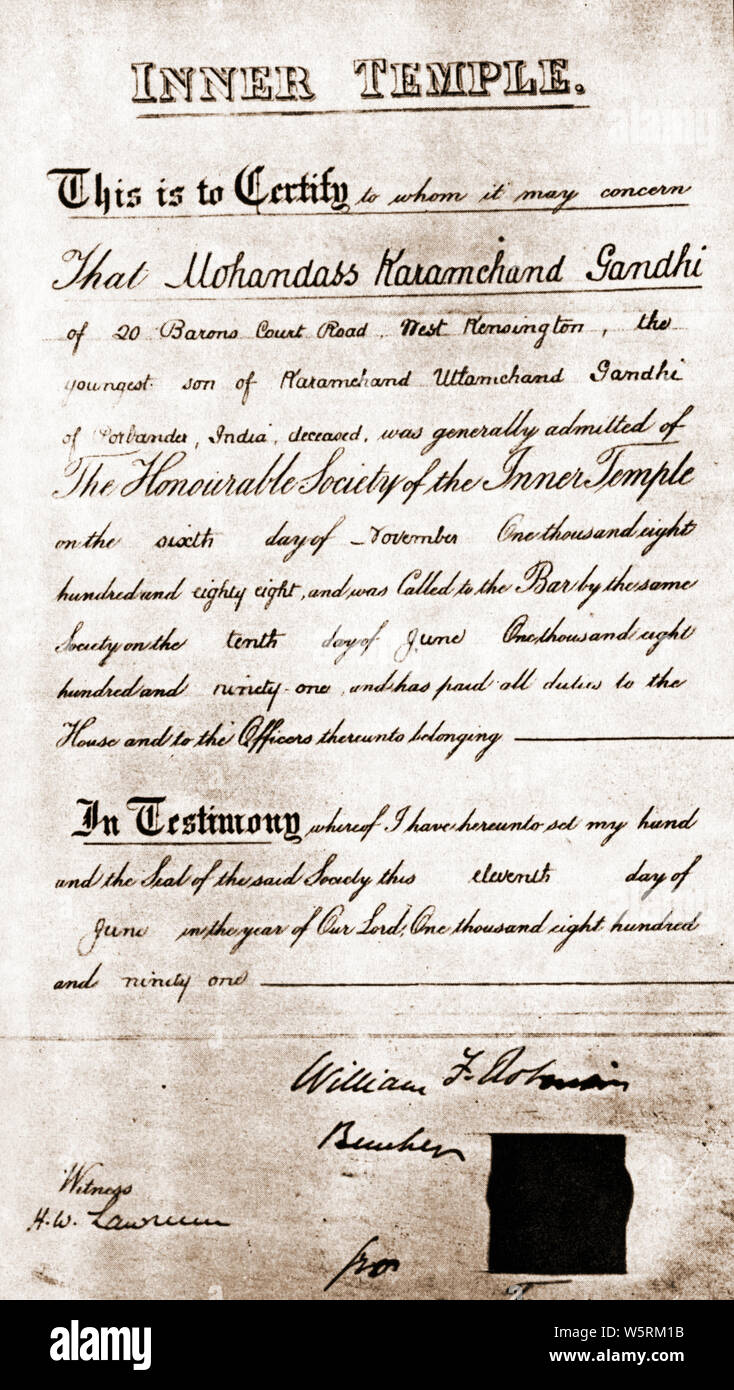 Mohandas Karamchand Gandhi Inner Temple Bar a legge certificato Inghilterra 1891 Foto Stock