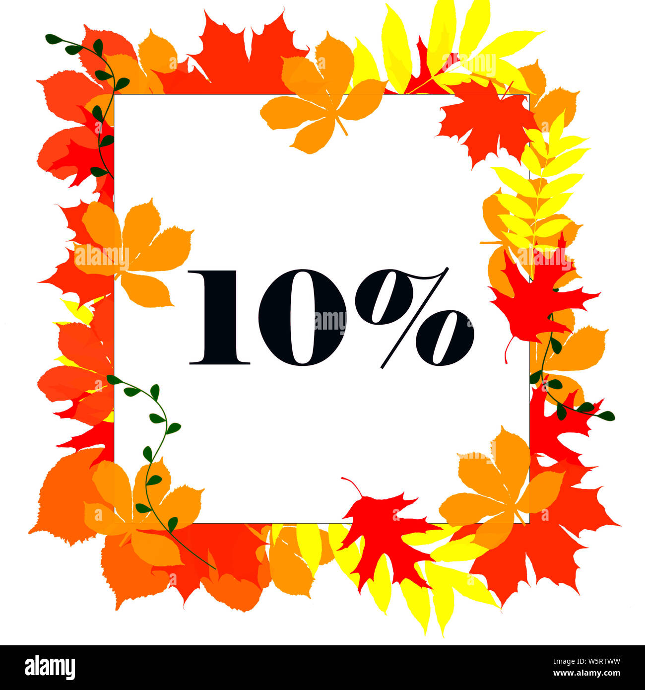 Sconto d'autunno. Quadrato bianco con la scritta: 10% incorniciato da colorate foglie caduti. Foto Stock