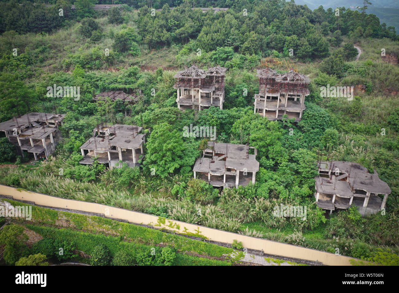 L'incompiuta ville sono ricoperti di erbacce e di altre piante verdi in Nanning city, a sud della Cina di Guangxi Zhuang Regione autonoma, 3 giugno 2019. Ro Foto Stock