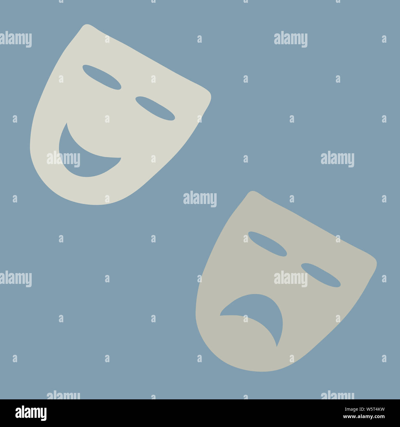 Illustrazione a mano delle maschere teatrali con colori neutri su celeste sfondo grigio. Poster, scheda, vestiti, borse. Foto Stock