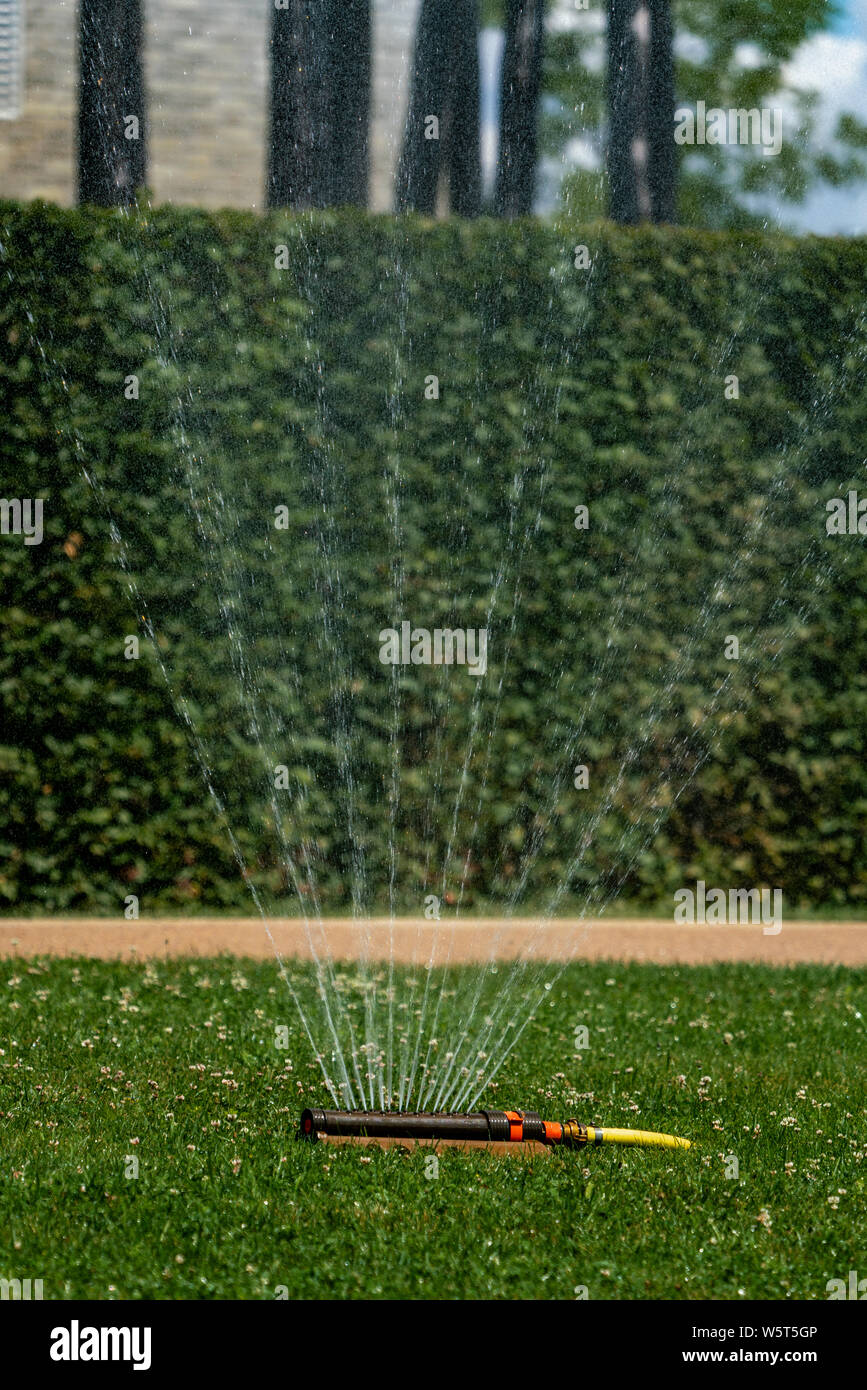 Per irrigare il prato in estate con un prato irroratore Foto Stock