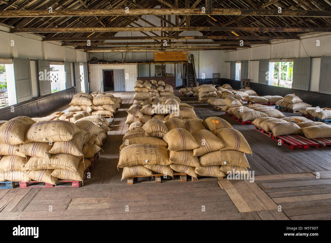 Sao Tome, Diogo Vaz piantagione di cacao: sacchi di semi di cacao nel magazzino della piantagione Foto Stock