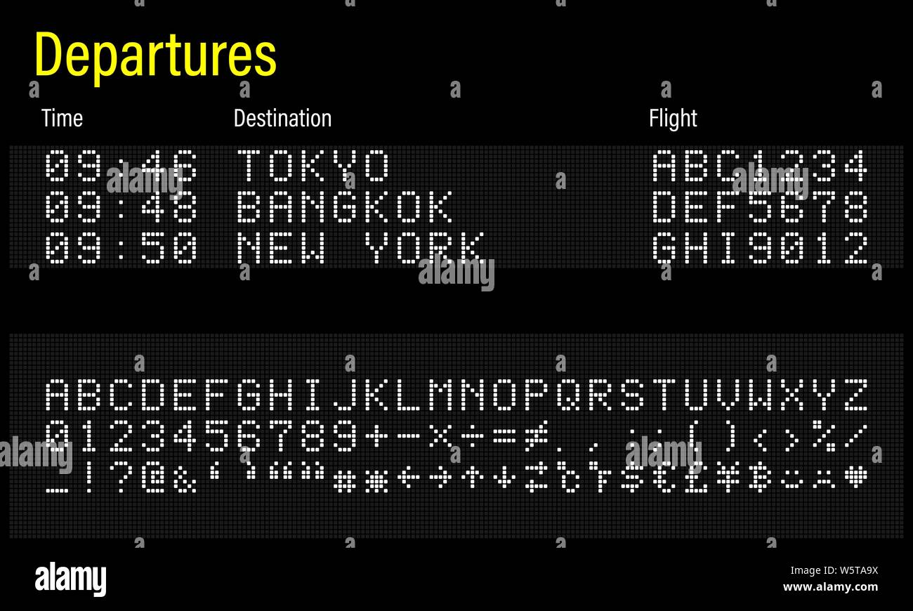 LED digitale elettronica font, lettere, numeri e simboli illustrazione vettoriale per pannello airport, informazioni sui treni e sport scoreboard - bianco Illustrazione Vettoriale