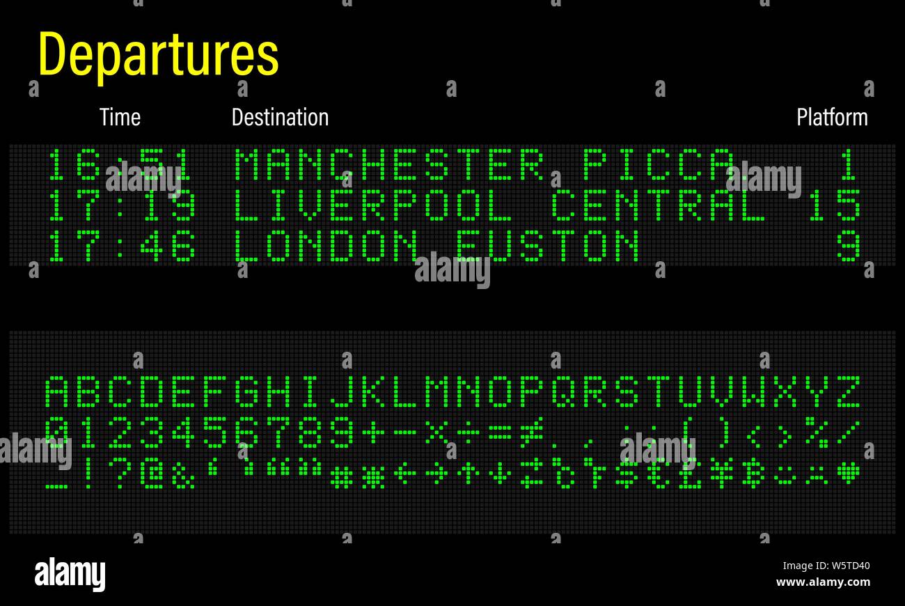 LED digitale elettronica font, lettere, numeri e simboli illustrazione vettoriale per pannello airport, informazioni sui treni e sport scoreboard - verde Illustrazione Vettoriale