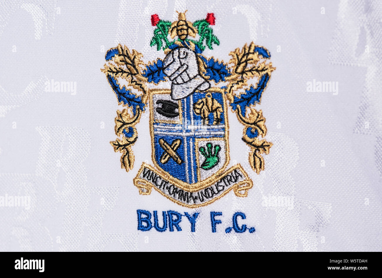 Close up di Bury Football Club home kit. Foto Stock
