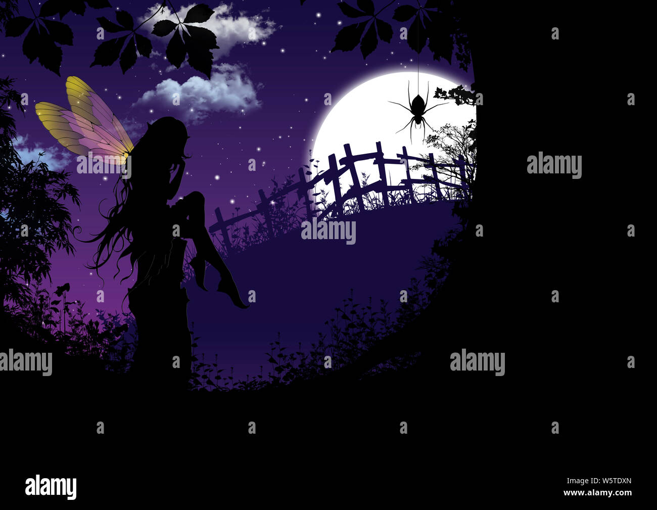 Fairy Magic. Illustrazione raffigurante le fate stagliano contro il cielo notturno, ma sempre con ali colorate. Foto Stock