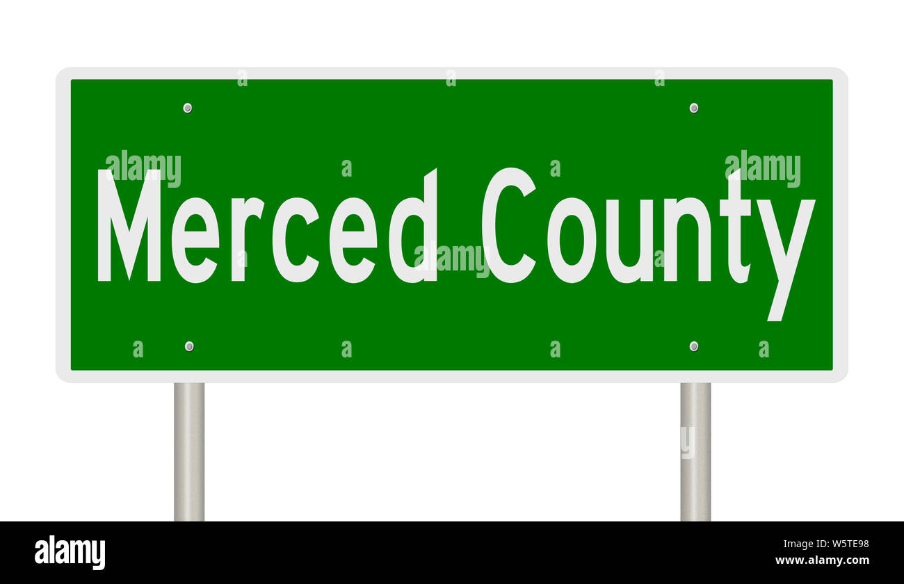 Il rendering di un verde autostrada segno per la Merced County in California Foto Stock