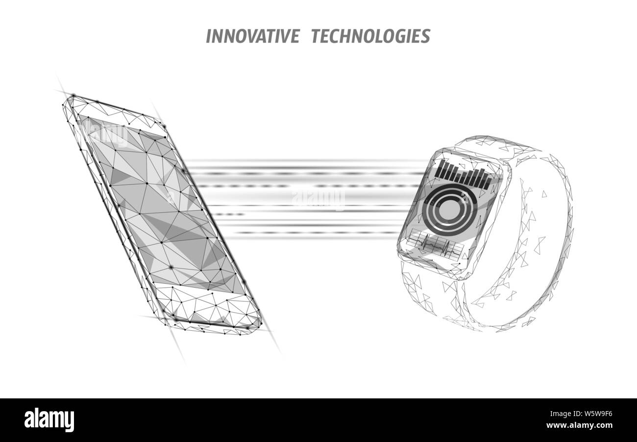 Orologi smart touch screen moderno concetto di tecnologia. Bassa poli poligonale app tracking. Dispositivo sanitario connessione rete media grafico. Indossabile Illustrazione Vettoriale