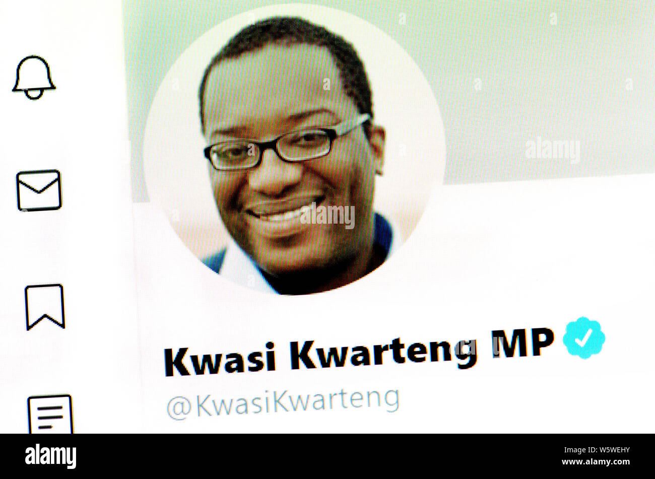 Pagina su Twitter (luglio 2019) - Kwasi Kwarteng - Il Ministro di Stato presso il Dipartimento per gli affari, strategia energetica e industriale Foto Stock
