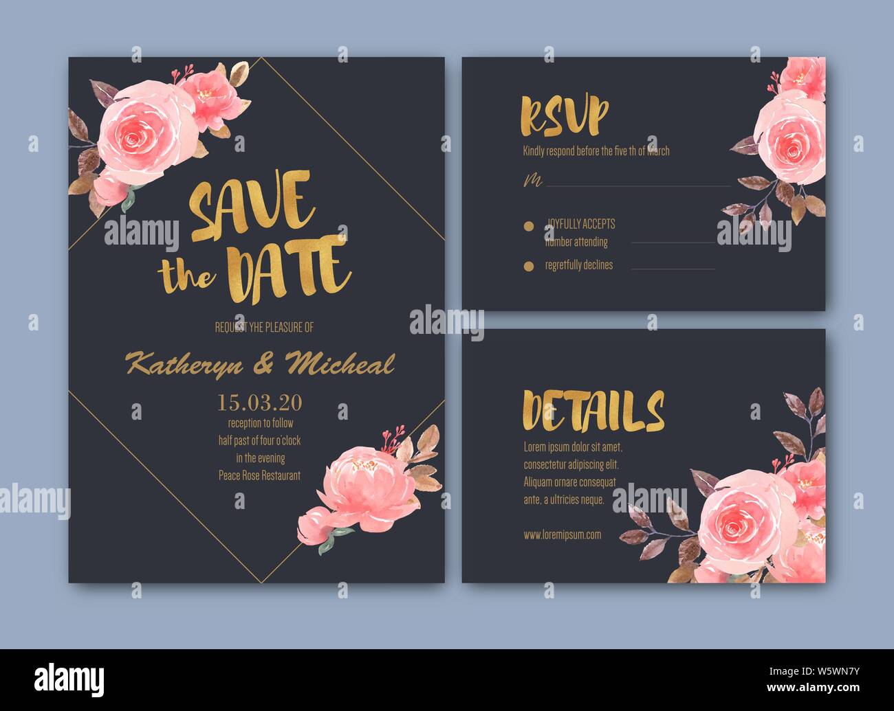 Scheda di nozze acquerello con salva la data,Grazie card illustrazione vettoriale Illustrazione Vettoriale