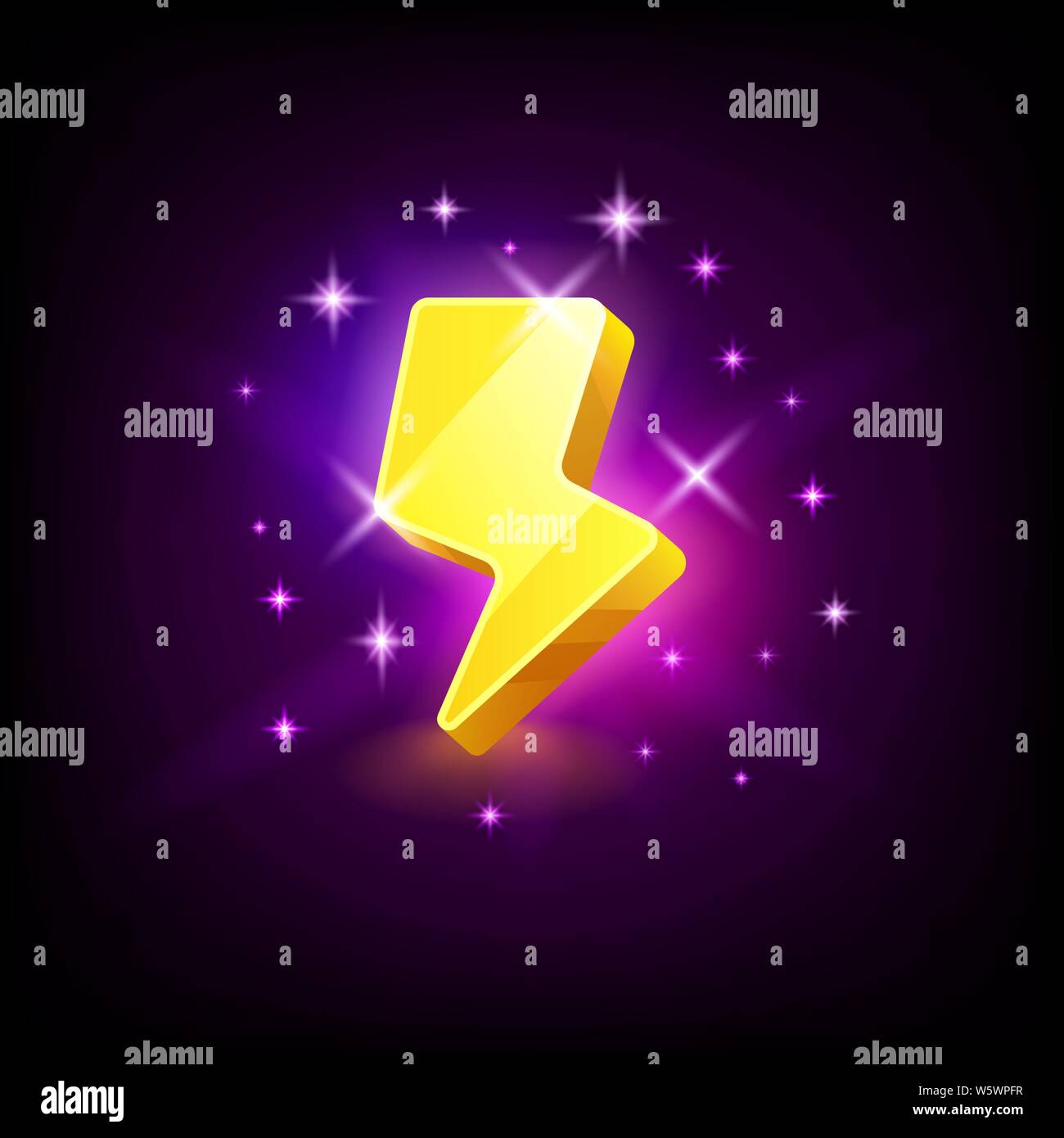 Giallo brillante l'icona di un fulmine per online casino o logo per gioco mobile su sfondo scuro, illustrazione vettoriale. Illustrazione Vettoriale