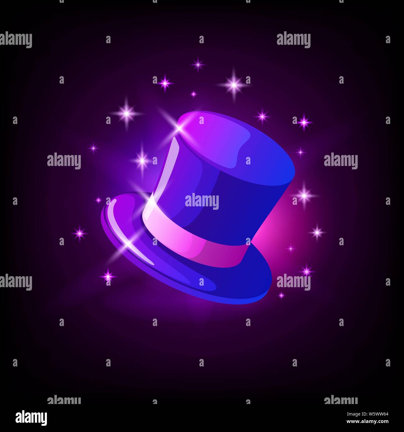 Viola cappello a cilindro, slot per l'icona di Online Casino o del logo per il gioco mobile su sfondo scuro, illustrazione vettoriale. Illustrazione Vettoriale