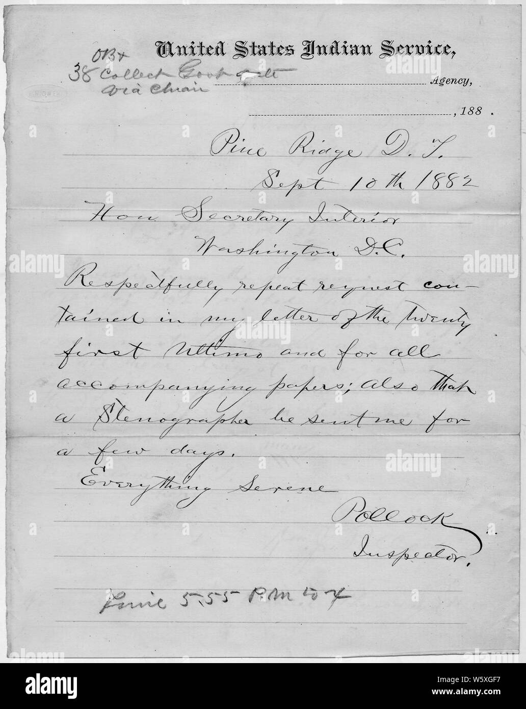 Richiesta di stenografo; Portata e contenuto: è questo documento riguarda: Pollock Ispezione di agenzia. Agosto 31, 1882 a ottobre 4, 1882. Foto Stock