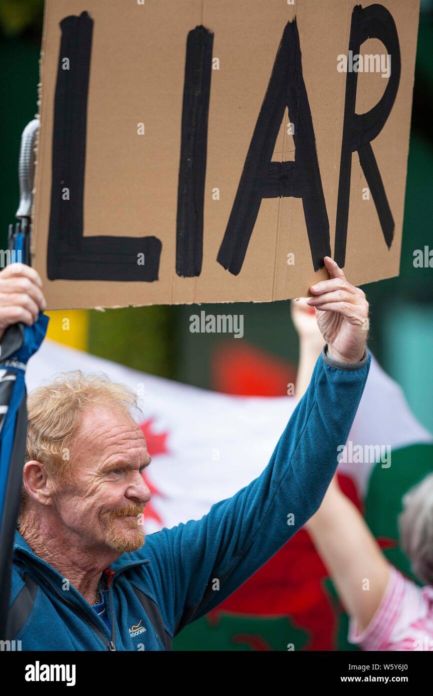 Cardiff, Galles, UK, 30 luglio 2019. I dimostranti fuori della National Assembly for Wales Senedd edificio davanti al nuovo Primo Ministro britannico Boris Johnson l'incontro con il Primo Ministro del Galles Mark Drakeford. Credito: Mark Hawkins/Alamy Live News Foto Stock