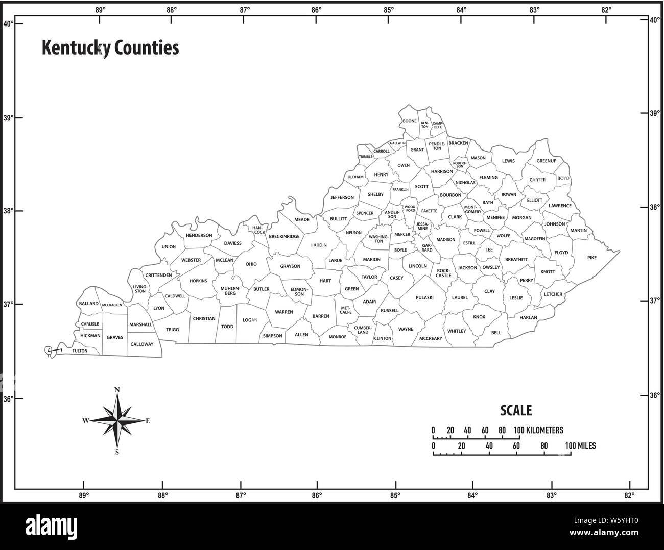 Stato del Kentucky delineare politiche ed amministrative mappa vettoriale in bianco e nero Illustrazione Vettoriale