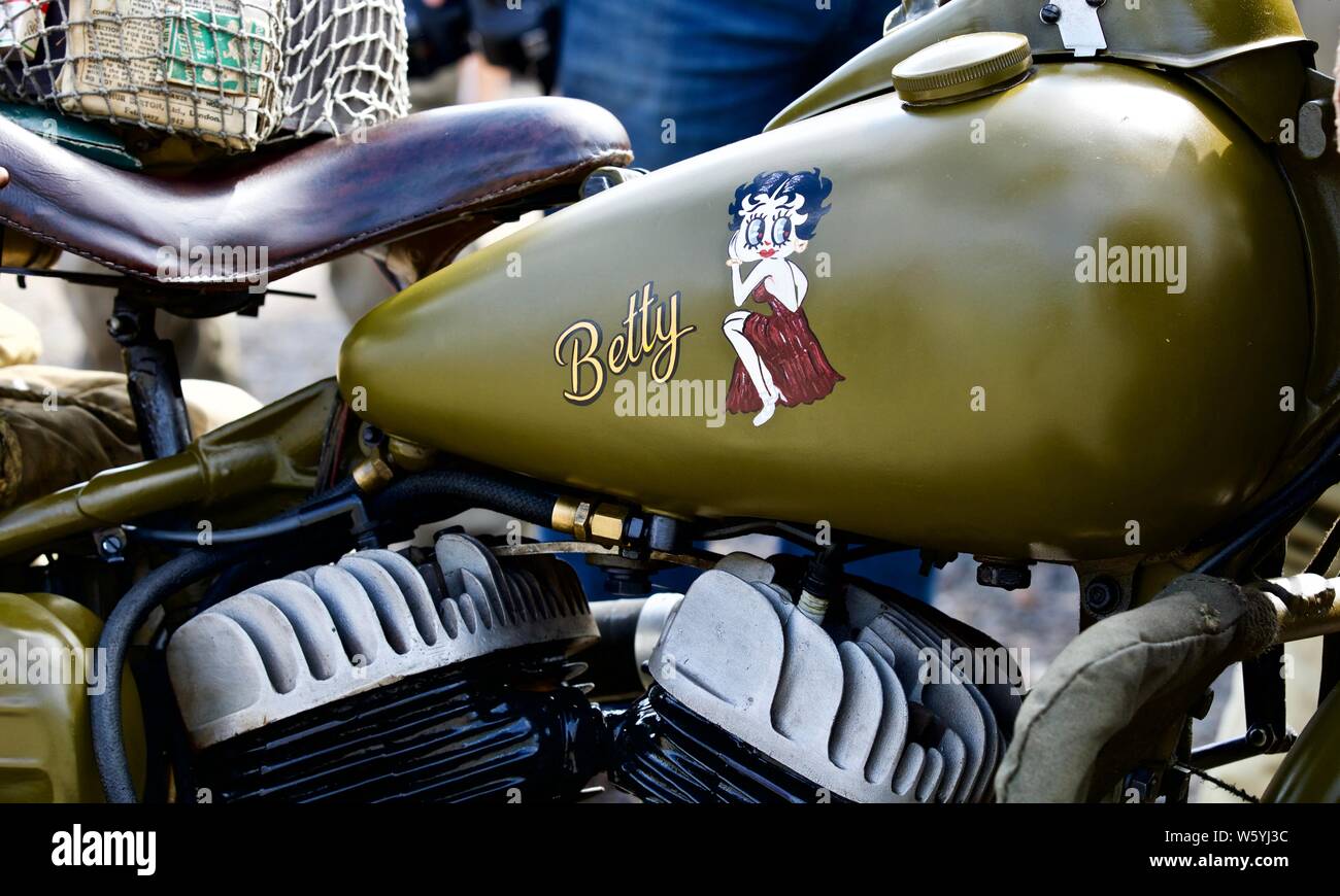 Guerra Mondiale 2 Harley-Davidson motociclo in mostra presso il Shuttleworth Airshow militare il 7 Luglio 2019 Foto Stock