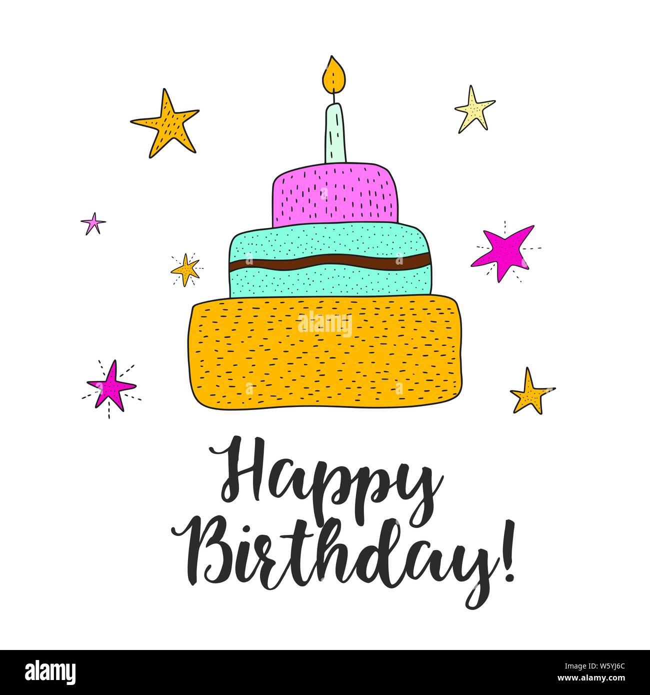 Vettore di torta di compleanno cartoon illustrazione. Carino saluto happy birthday card. Illustrazione Vettoriale