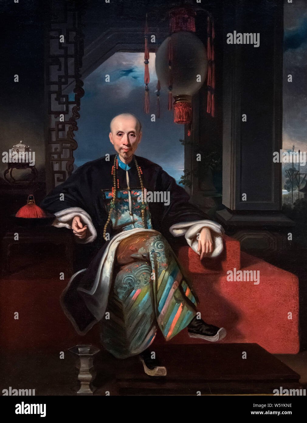 Ritratto di Howqua (Wu Bingjian - 1769-1843) da Kwan Kiu Cheong, olio su tela, inizi del XIX secolo. Howqua era il più importante della Hong mercanti in tredici stabilimenti, capo dell'E-wo hong e leader del Cantone Cohong. Egli era una volta l uomo più ricco del mondo. Foto Stock