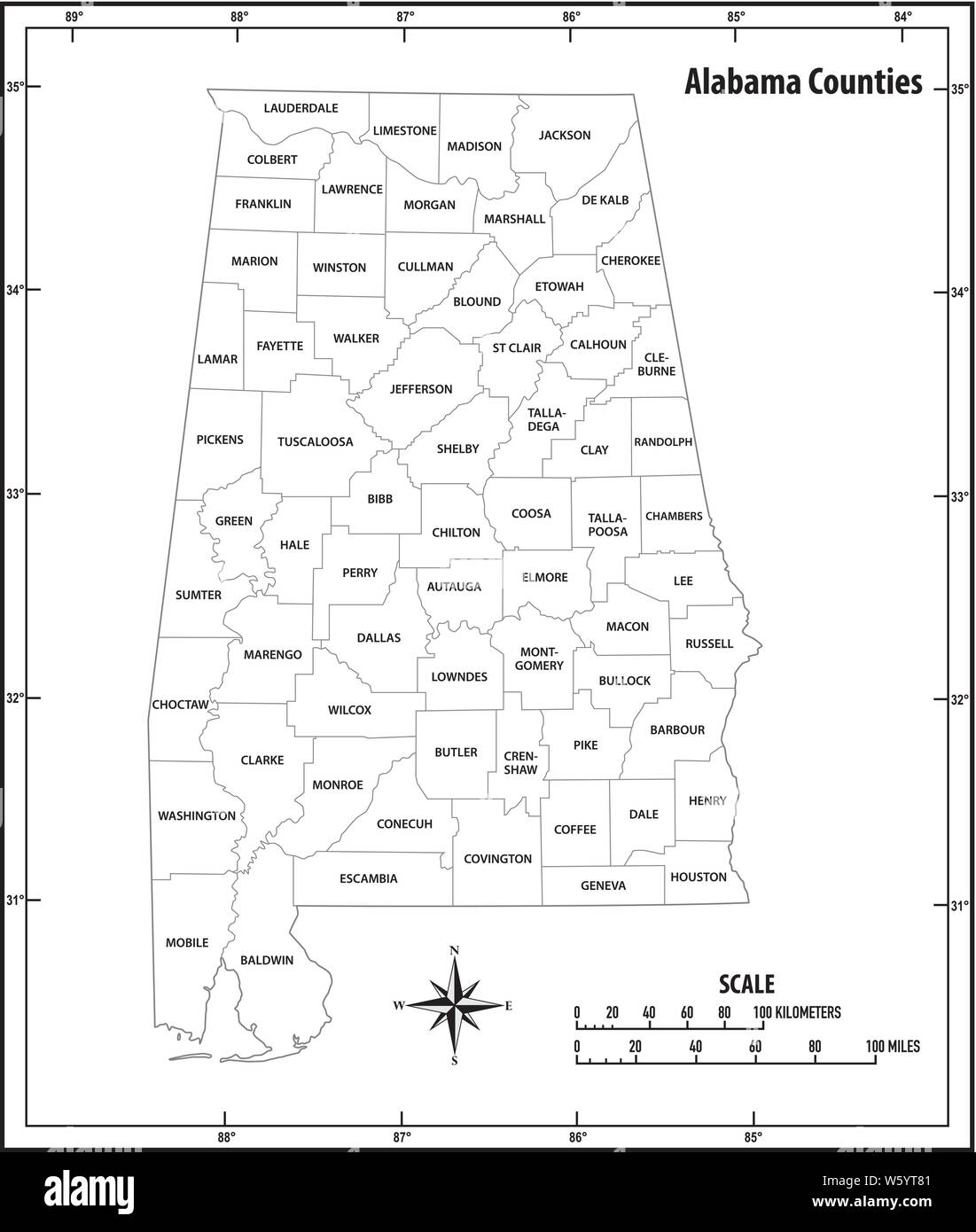Lo stato dell'Alabama delineare politiche ed amministrative mappa vettoriale in bianco e nero Illustrazione Vettoriale