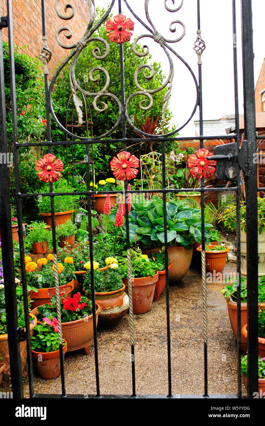Molla colorato giardino sotto la pioggia dietro la cancellata in ferro battuto Foto Stock