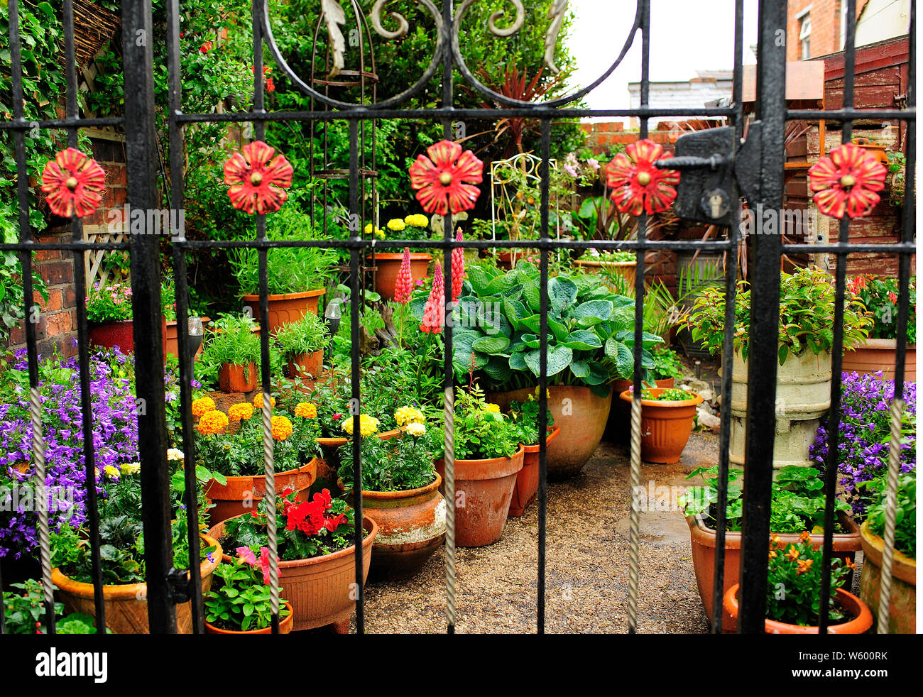 Molla colorato giardino sotto la pioggia dietro la cancellata in ferro battuto Foto Stock